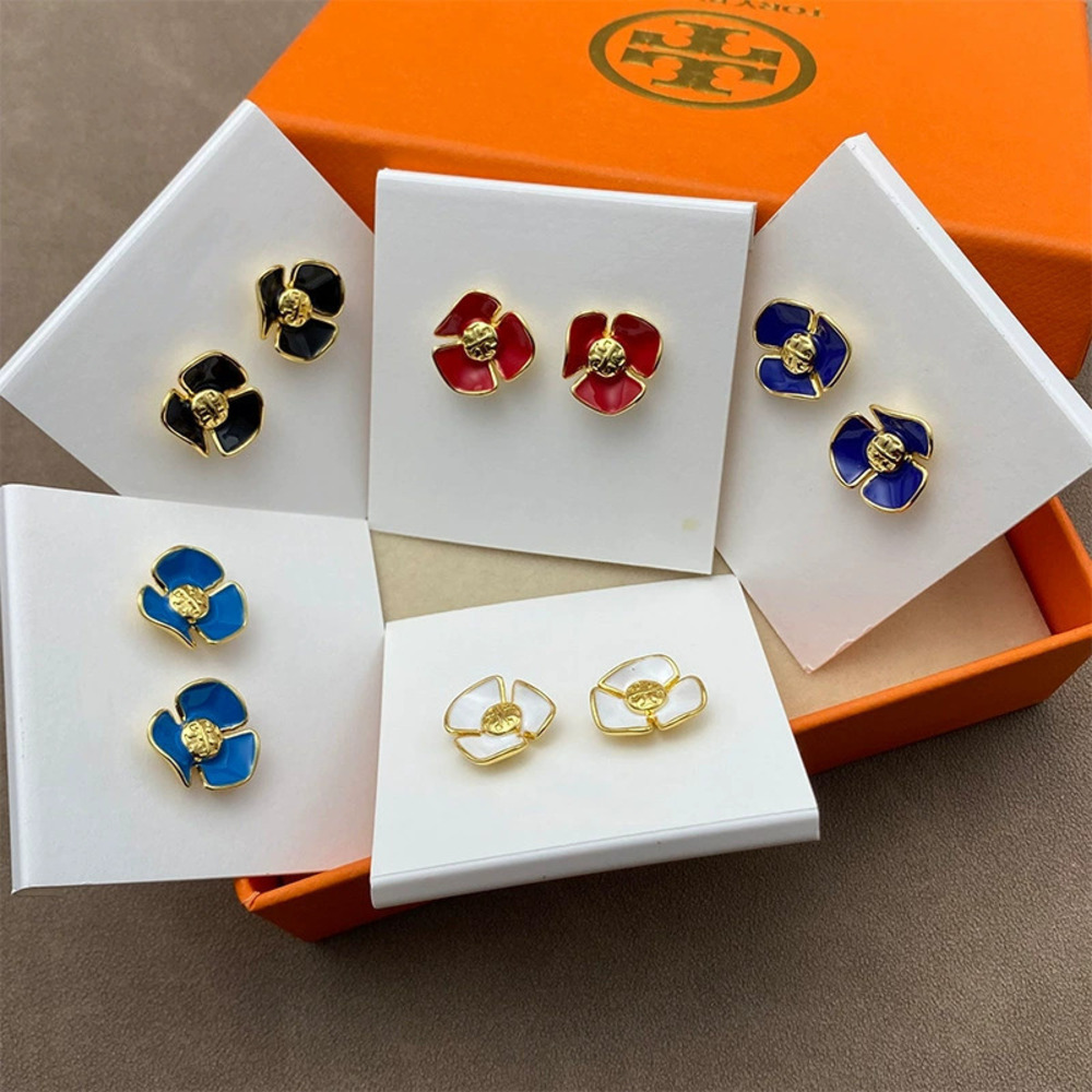 Tory Burch Gold Plated Inlaid Enamel Camellia Flower